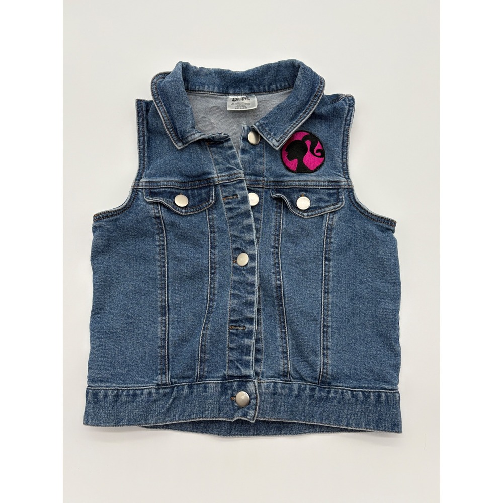 Barbie Denim Vest Kids L 10-12 Blue Excellent Embroidered Logo Sleeveless Jacket